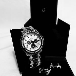 Bulova Silver/Black Crystal Men's Watch With Box